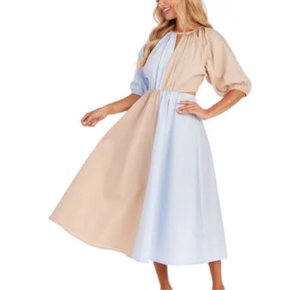 Mud Pie Hutton Two-Tone Cut Out Midi Dress in Blue and Tan Sz L NWT